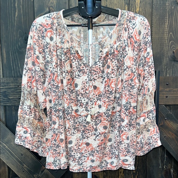 Lucky Brand Floral Peasant Top 3X Pink Grey Shimmer Metallic Boho Bow Bell Flare - Picture 1 of 10